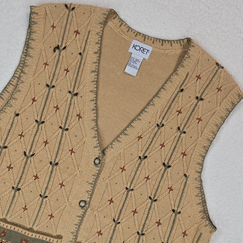 Vintage 90s Koret Embroidered Sweater Vest L Tan Floral Cottagecore Ramie Knit